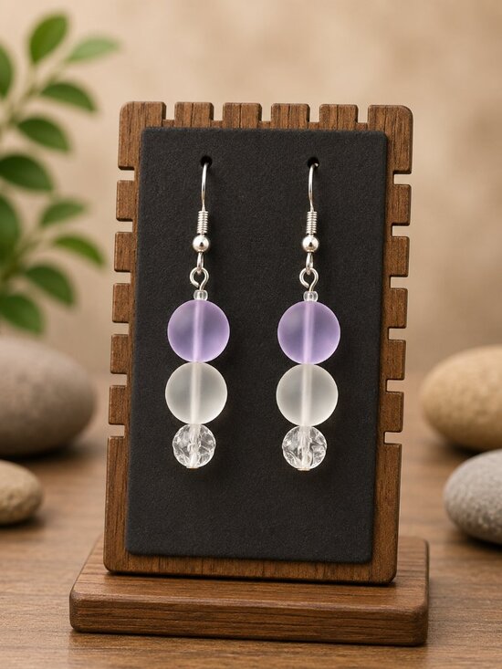Artisan Jewelry - Sea Glass Drop Earrings Purple and White | Handmade